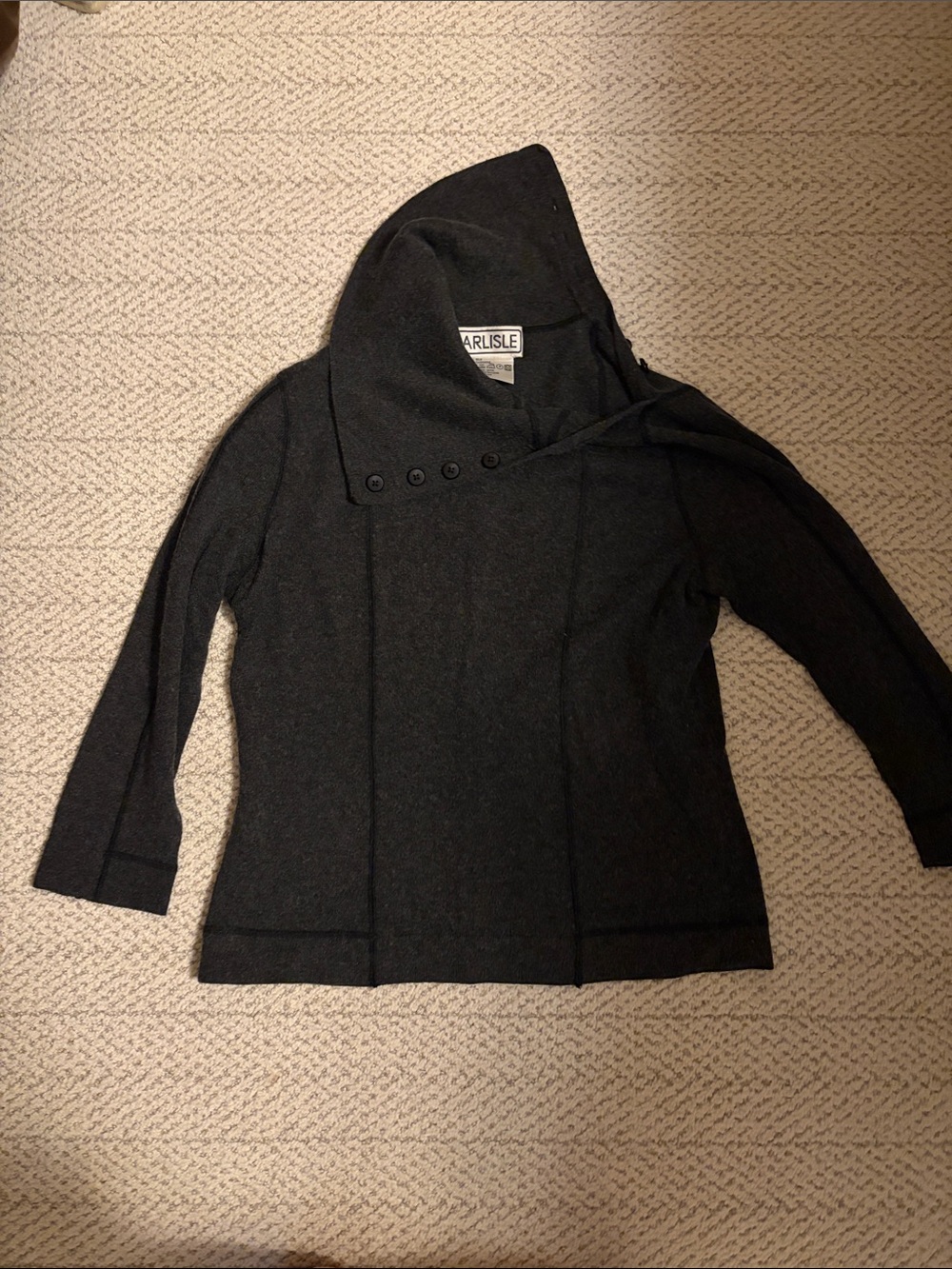 Carlisle Charcoal Hooded Cashmere Sweater with Asymmetrical Button Placke